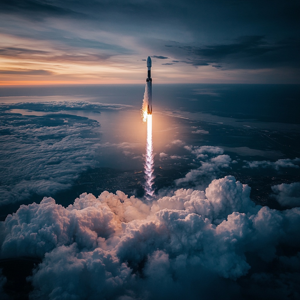 A rocket launching off of the rocket pad towards space.
